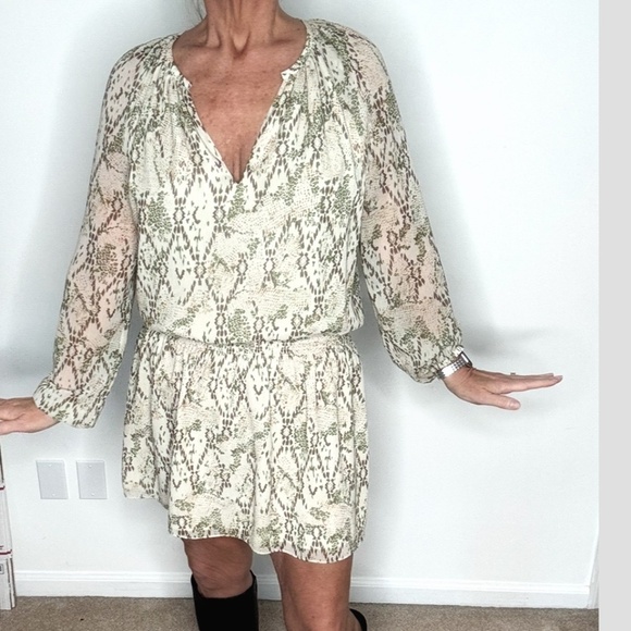 Ramy Brook Anika Dress Snake Print Long Sheer Sleeve Shirred Drop Waist Size M